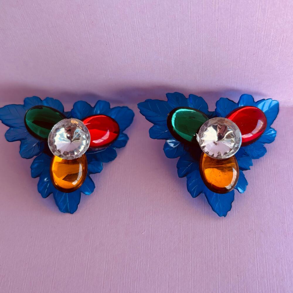 Vintage 1980 Retro Blue Red Orange Jeweled Acrylic Floral Clip On Earrings - Picture 3 of 6
